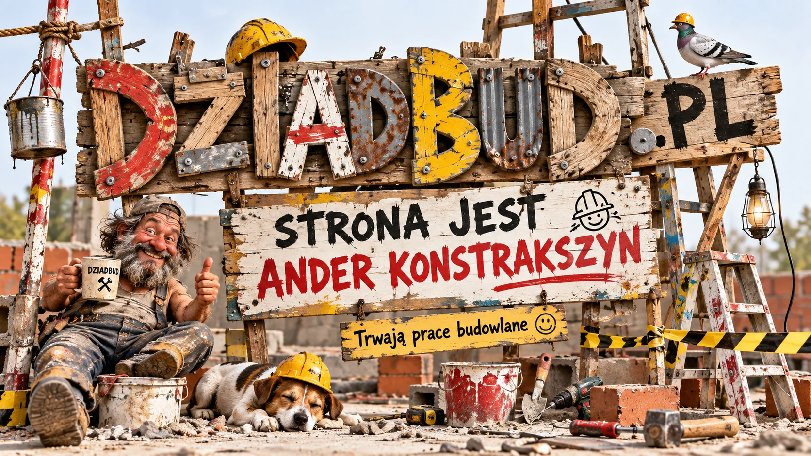 DZIADBUD.PL: Strona jest ander konstrakszyn. Trwają prace budowlane — humorystyczna grafika budowlana.